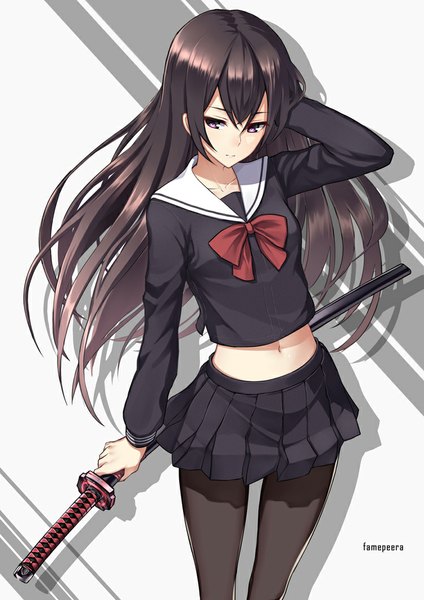 Anime picture 750x1062 with original fame peera single long hair tall image fringe breasts brown hair standing purple eyes holding signed looking away pleated skirt bare belly shadow looking down sheathed girl skirt