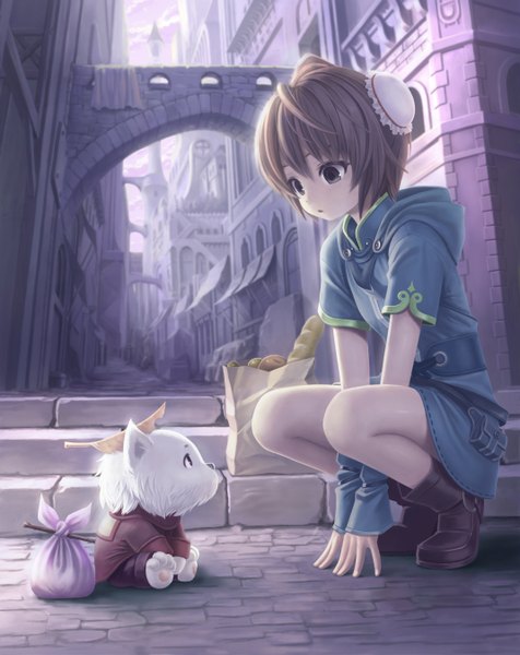 Anime picture 1070x1349 with original kanzeon single tall image short hair brown hair black eyes squat girl animal food boots building (buildings) bag dog bridge bread paper bag long loaf
