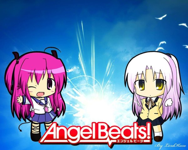 Anime picture 1280x1024 with angel beats! key (studio) tachibana kanade nakamura yuri long hair blush open mouth yellow eyes pink hair white hair ponytail one eye closed pink eyes wink inscription hands behind back chibi skirt uniform hair ornament