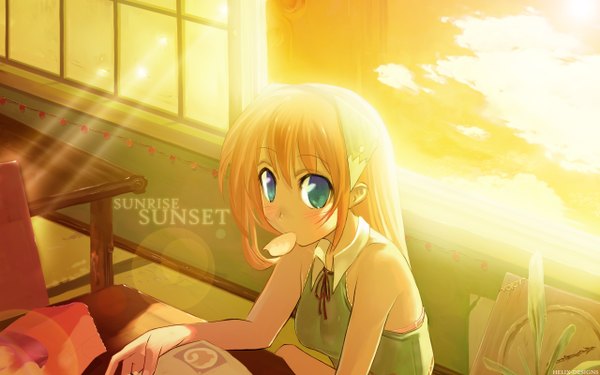 Anime picture 2560x1600 with original morii shizuki helixdesigns single long hair looking at viewer blush highres blue eyes wide image sitting signed sky cloud (clouds) sunlight orange hair eating third-party edit sunbeam girl