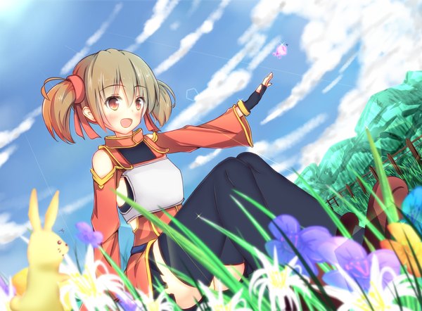 Anime picture 1414x1043 with sword art online a-1 pictures silica shirotaso0818 single blush short hair open mouth light erotic brown hair twintails brown eyes sky cloud (clouds) short twintails pantyshot sitting girl thighhighs flower (flowers) ribbon (ribbons)