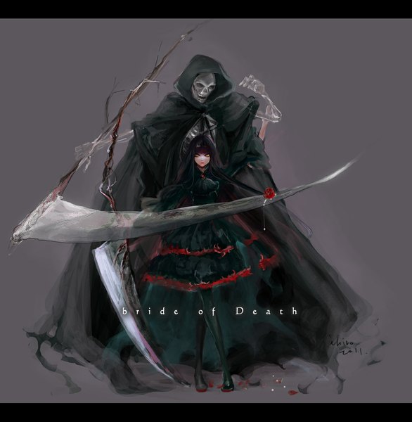 Anime picture 1000x1024 with original death (entity) grim reaper ihiro long hair tall image fringe black hair simple background brown eyes signed inscription crossed legs framed skeleton girl dress flower (flowers) weapon rose (roses)