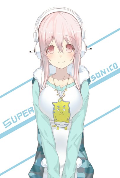 Anime picture 583x861 with nitroplus super sonico ac (eshi) single long hair tall image looking at viewer blush fringe smile pink hair pink eyes character names jacket headphones pendant
