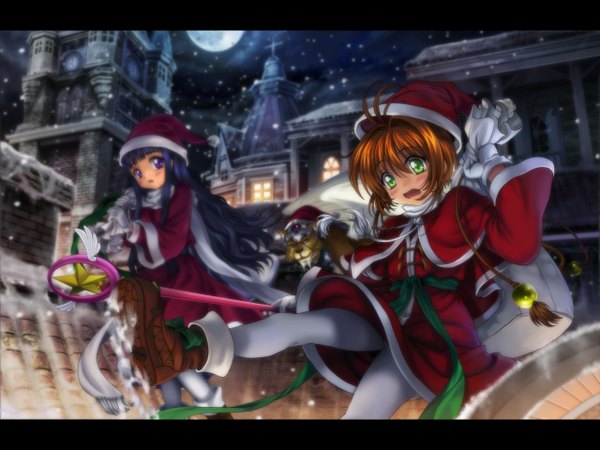 Anime picture 1280x960 with card captor sakura clamp kinomoto sakura daidouji tomoyo kero (cardcaptor sakura) mutsuki (moonknives) long hair blush short hair open mouth brown hair purple eyes green eyes blue hair night wallpaper snowing christmas letterboxed winter