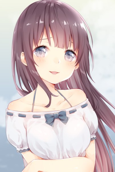 Anime picture 600x891 with original manatsuki manata single long hair tall image blush fringe open mouth black hair bare shoulders upper body blunt bangs grey eyes crossed arms girl bow