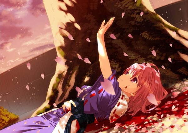 Anime picture 1275x906 with touhou saigyouji yuyuko yasuyuki single short hair pink hair sky lying traditional clothes pink eyes on back tears outstretched arm looking up bleeding girl plant (plants) petals tree (trees) blood