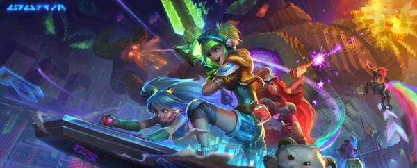 Anime picture 3000x1210 with league of legends sona buvelle riven (league of legends) miss fortune (league of legends) poro (league of legends) arcade sona (league of legends) veigar (league of legends) blitzcrank (league of legends) arcade miss fortune (league of legends) arcade riven hecarim (league of legends) su-ke (artist) long hair highres short hair breasts open mouth blue eyes smile wide image