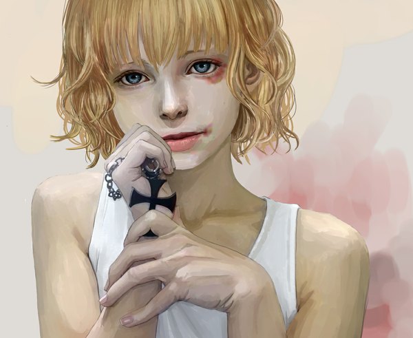 Anime picture 1169x957 with original ichihara single looking at viewer short hair blue eyes blonde hair holding fingernails lips realistic sleeveless injury bruise girl pendant blouse