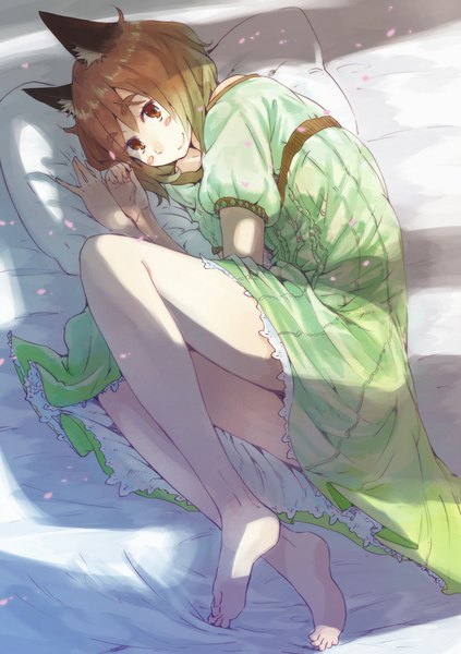 Anime picture 755x1070 with original hrd single tall image looking at viewer blush short hair smile brown hair brown eyes animal ears lying barefoot cat ears girl dress pillow bed