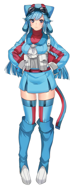 Anime picture 525x1273 with pokemon nintendo salamence katagiri hachigou single long hair tall image looking at viewer blush blue eyes simple background white background blue hair gen 3 pokemon girl thighhighs boots suit goggles