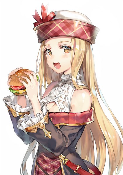 Anime picture 800x1136 with granblue fantasy diola (granblue fantasy) momoko (momopoco) single long hair tall image looking at viewer blush breasts open mouth blonde hair simple background white background bare shoulders holding yellow eyes cleavage long sleeves cleavage cutout eating