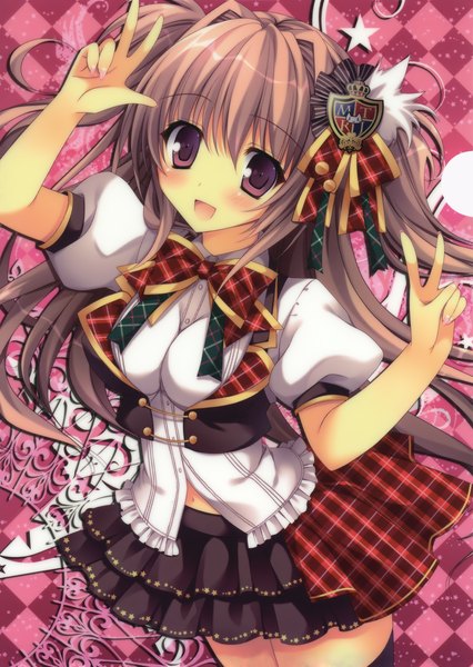 Anime picture 2587x3640 with original nanaroba hana single long hair tall image looking at viewer fringe highres open mouth smile brown hair standing twintails brown eyes payot nail polish head tilt :d pleated skirt short sleeves