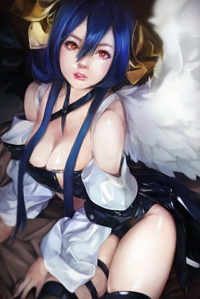Anime picture 640x957 with guilty gear dizzy (guilty gear) mahz (artist) single tall image looking at viewer short hair breasts light erotic red eyes large breasts sitting blue hair cleavage parted lips no bra lipstick thighs shiny skin eyeshadow