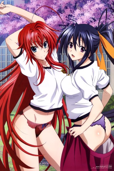 Anime picture 6069x9058 with highschool dxd megami magazine rias gremory himejima akeno long hair tall image looking at viewer highres open mouth blue eyes light erotic black hair smile purple eyes multiple girls absurdres ponytail red hair official art girl