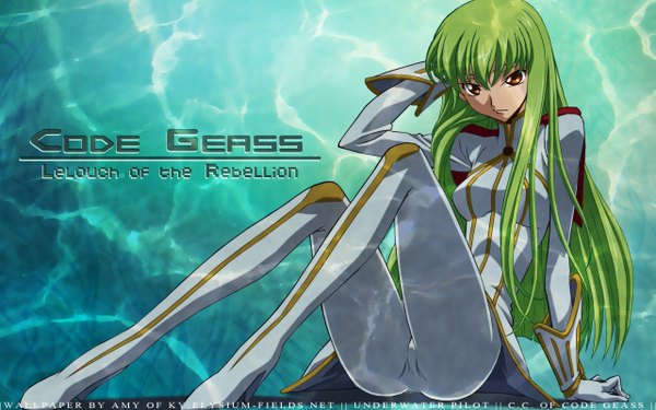 Anime picture 2560x1600 with code geass sunrise (studio) c.c. single long hair fringe highres light erotic wide image sitting brown eyes green hair inscription girl