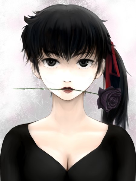 Anime picture 1200x1600 with ranma 1/2 kuno kodachi penpen (artist) single long hair tall image black hair simple background cleavage ponytail grey eyes lipstick side ponytail girl flower (flowers) ribbon (ribbons) hair ribbon rose (roses)