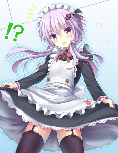 Anime picture 872x1127 with vocaloid yuzuki yukari tf (tfx2) single long hair tall image blush open mouth blue eyes twintails purple hair maid low twintails girl thighhighs dress hair ornament black thighhighs headdress maid headdress