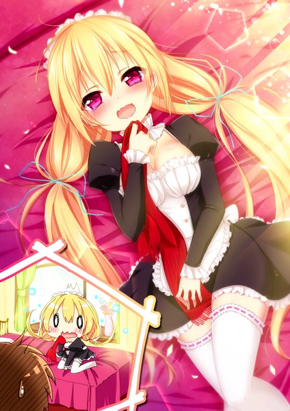 Anime picture 1100x1556 with original aoi yun long hair tall image blush short hair breasts open mouth blonde hair brown hair twintails bent knee (knees) lying pink eyes maid embarrassed chibi o o girl thighhighs