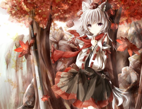 Anime picture 1300x1003 with touhou inubashiri momiji umagenzin single short hair animal ears white hair grey eyes girl plant (plants) tree (trees) scarf leaf (leaves) autumn leaves tokin hat