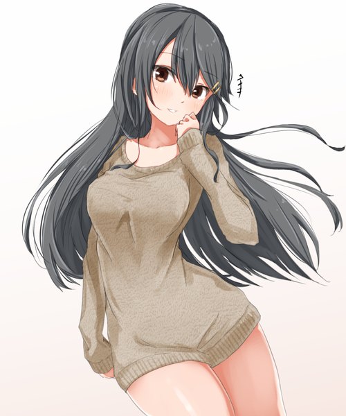 Anime picture 1569x1881 with kantai collection haruna battleship ame-rain single long hair tall image looking at viewer blush fringe light erotic black hair simple background hair between eyes white background brown eyes parted lips light smile sleeves past wrists girl bobby pin