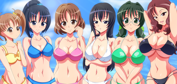 Anime picture 2700x1280 with original aokura shou long hair highres short hair breasts open mouth light erotic black hair smile brown hair wide image large breasts twintails multiple girls brown eyes green eyes green hair black eyes 6+ girls
