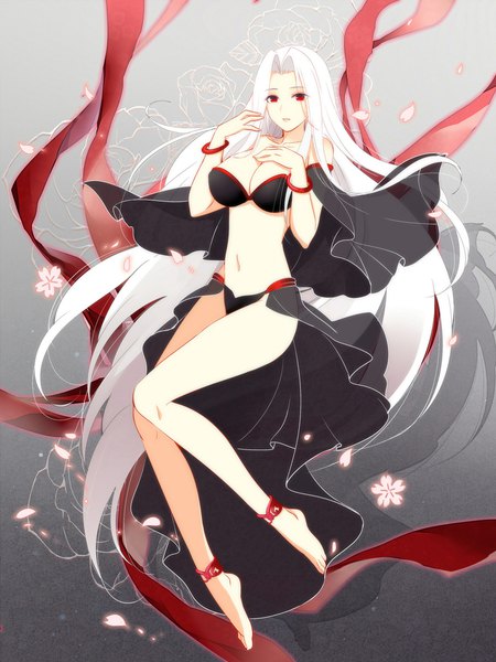 Anime picture 1500x2000 with fate (series) fate/zero irisviel von einzbern gekka nanako single tall image looking at viewer breasts light erotic red eyes large breasts bare shoulders full body bent knee (knees) white hair very long hair barefoot grey background bare legs shadow