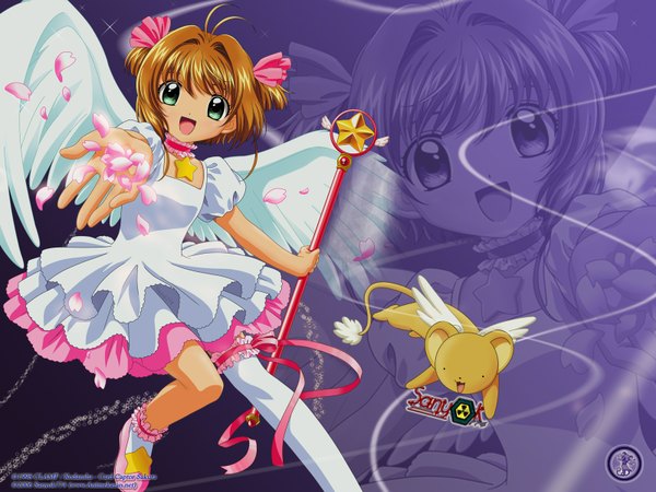 Anime picture 1600x1200 with card captor sakura clamp kinomoto sakura kero (cardcaptor sakura) sanyok774 fujita mariko single looking at viewer short hair open mouth smile brown hair green eyes signed two side up wallpaper angel wings vector third-party edit zoom layer