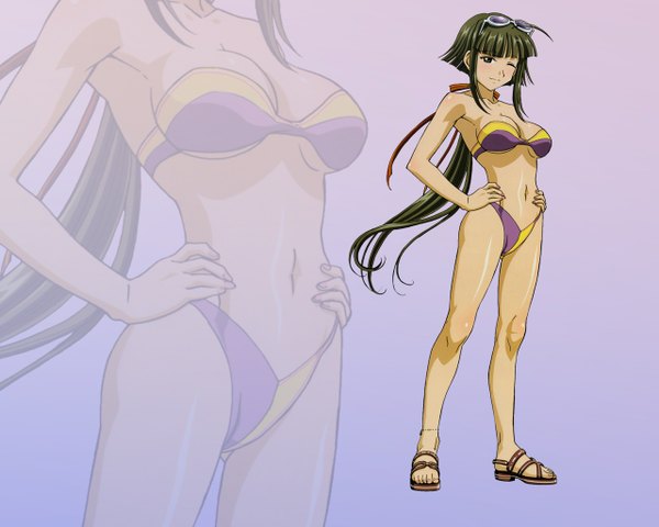Anime picture 1280x1024 with mahou sensei negima! nagase kaede light erotic ponytail very long hair one eye closed light smile wink sunglasses on head hands on hips navel swimsuit sandals