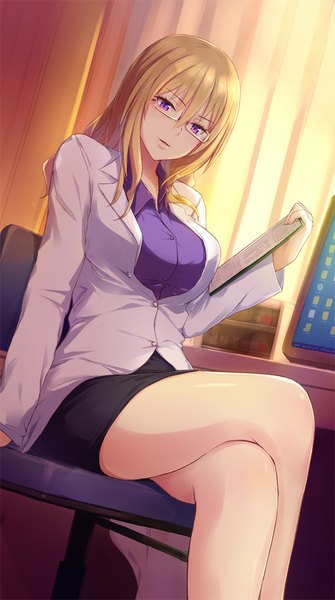 Anime picture 559x1000 with original sakusaku single long hair tall image looking at viewer blonde hair sitting purple eyes crossed legs office lady girl skirt glasses chair pencil skirt office chair