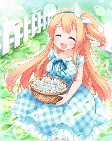 Anime picture 1024x1280 with original ringo yuyu single long hair tall image blush open mouth blonde hair smile eyes closed girl dress flower (flowers) basket