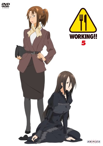 Anime picture 1274x1800 with working!! a-1 pictures takanashi izumi takanashi kazue long hair tall image black hair simple background brown hair white background multiple girls brown eyes full body ponytail inscription mole girl dress 2 girls glasses