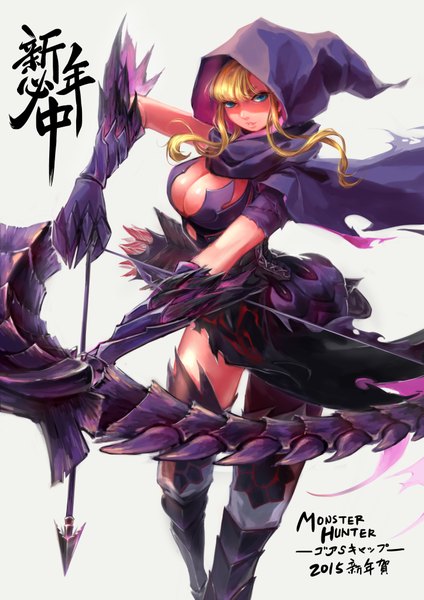 Anime picture 2894x4093 with monster hunter rover fuji single long hair tall image highres breasts blue eyes light erotic blonde hair simple background inscription grey background torn clothes hieroglyph girl gloves weapon armor hood