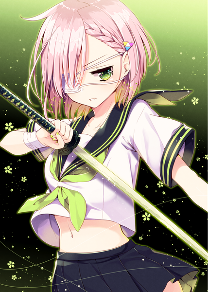 Anime picture 1191x1670 with original sakuragi ren single tall image short hair green eyes looking away pink hair bare belly green background girl skirt uniform flower (flowers) weapon sword serafuku katana eyepatch