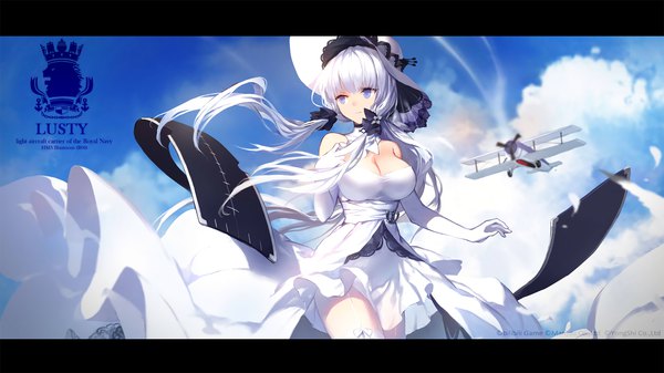 イラスト 1920x1080 と アズールレーン イラストリアス(アズールレーン) 超凶の狄璐卡 ソロ 長髪 前髪 highres おっぱい 青い目 wide image 大きな乳房 ツインテール looking away 空 cleavage cloud (clouds) outdoors white hair blunt bangs 風