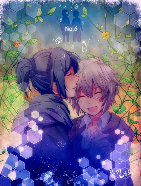 Anime picture 1690x2220 with no.6 studio bones nezumi (no.6) shion (no.6) hirai yuzuki tall image blush short hair open mouth silver hair purple hair tail eyes closed holding hands kiss shounen ai silhouette face paint forehead kiss boy