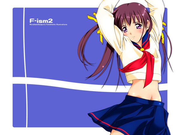 Anime picture 1600x1200 with f-ism murakami suigun long hair blush purple eyes twintails looking away purple hair pleated skirt arms up midriff skirt navel uniform ribbon (ribbons) school uniform
