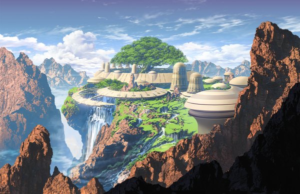 Anime picture 1944x1263 with original magewappa z highres sky cloud (clouds) mountain no people landscape waterfall fog plant (plants) tree (trees) water