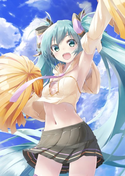 Anime picture 1000x1410 with vocaloid hatsune miku daidou (demitasse) single tall image looking at viewer blush fringe twintails sky cloud (clouds) very long hair pleated skirt aqua eyes aqua hair bare belly armpit (armpits) sweat cheerleader cheerful miku (module)