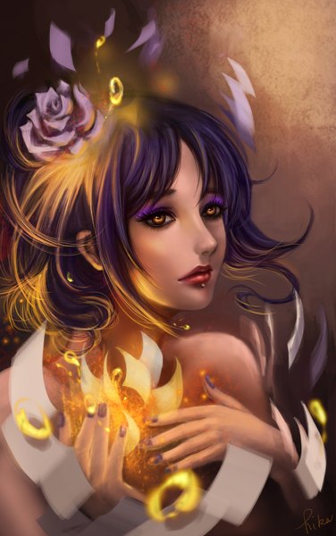 Anime picture 1005x1600 with naruto studio pierrot naruto (series) konan rikamello single long hair tall image bare shoulders yellow eyes purple hair nail polish hair flower lips realistic lipstick piercing magic akatsuki lip piercing