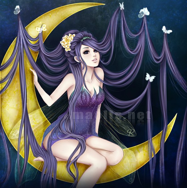 Anime picture 893x900 with m-aelis single tall image breasts light erotic purple eyes bare shoulders purple hair very long hair hair flower legs sleeveless crescent girl dress hair ornament flower (flowers) insect butterfly moon