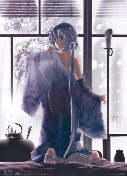Anime picture 4715x6500 with original himura kiseki single tall image highres light erotic red eyes absurdres silver hair very long hair traditional clothes japanese clothes looking back hair flower scan girl flower (flowers) kimono open kimono