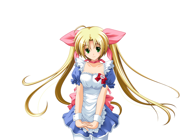 Anime picture 1600x1200 with single long hair looking at viewer blush blonde hair twintails green eyes transparent background waitress girl bow hair bow
