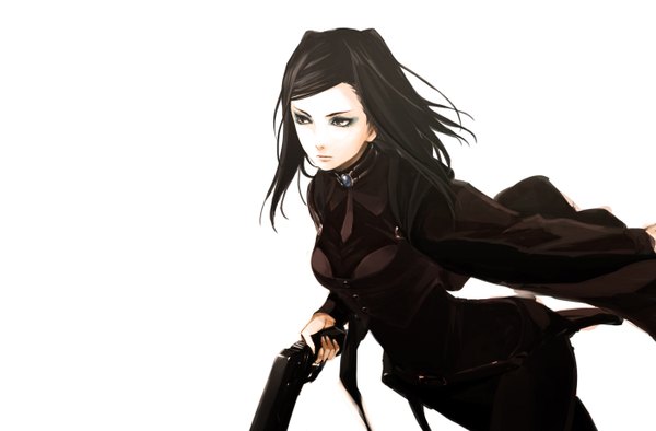 Anime picture 1400x920 with ergo proxy re-l mayer comin (artist) single long hair black hair simple background white background eyeshadow girl weapon belt gun cloak