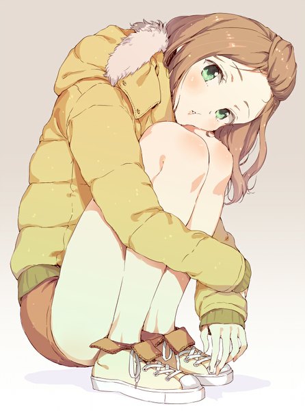 Anime picture 743x1000 with original aida takanobu single long hair tall image looking at viewer blush brown hair green eyes squat leg hug girl shoes jacket sneakers