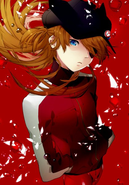 Anime picture 1859x2667 with neon genesis evangelion gainax soryu asuka langley kimijima0301 single long hair tall image fringe highres standing looking away from above orange hair red background hands in pockets girl jacket eyepatch pilot suit