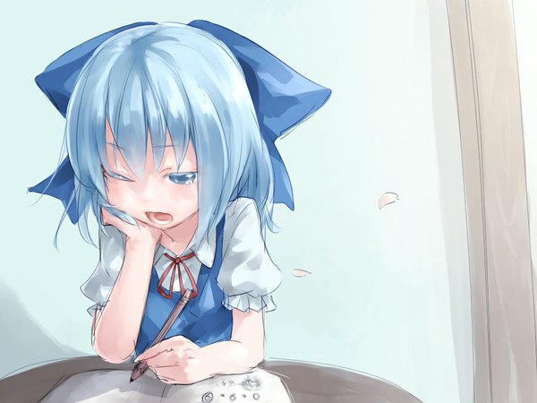 Anime picture 1000x750 with touhou cirno junwool single blush short hair open mouth blue eyes holding blue hair one eye closed wink arm support puffy sleeves writing girl bow hair bow petals table