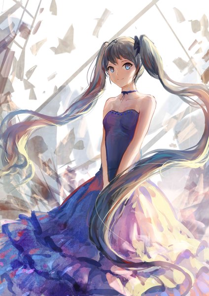 Anime picture 2480x3507 with vocaloid hatsune miku sishenfan single tall image looking at viewer fringe highres smile standing twintails bare shoulders looking away very long hair grey hair sleeveless hands clasped girl dress bow