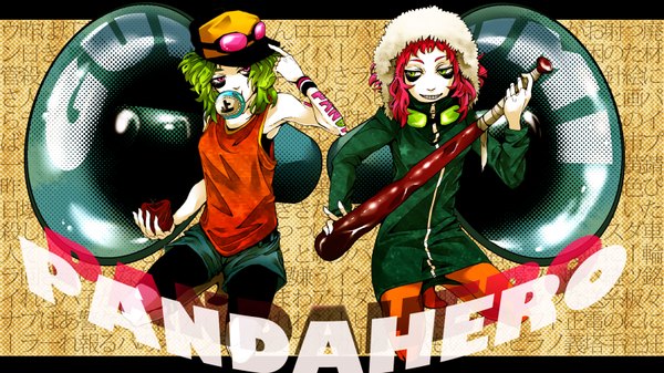 Anime picture 1600x900 with vocaloid panda hero (vocaloid) gumi esto (pixiv2103019) wide image pink hair green hair tattoo grin girl hat jacket shorts sunglasses cap baseball bat megaphone