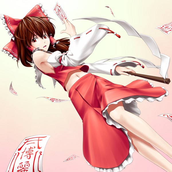 Anime picture 1024x1024 with touhou hakurei reimu kentairui single simple background red eyes brown hair miko girl skirt bow hair bow detached sleeves skirt set red skirt