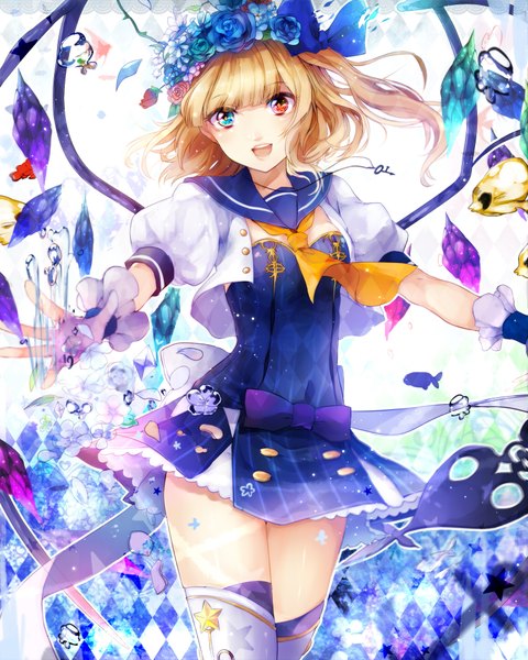 Anime picture 1600x2000 with touhou flandre scarlet renkarua single tall image looking at viewer blush fringe short hair open mouth blue eyes blonde hair smile red eyes standing wind short sleeves alternate costume zettai ryouiki heterochromia